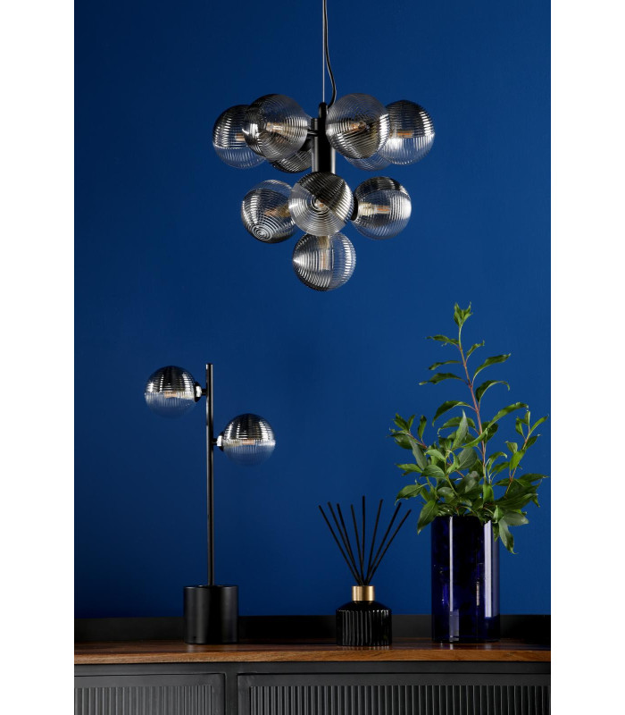 Vine 10 Light Ceiling Pendant Satin Black With Smoked/Clear Ribbed Glass-3