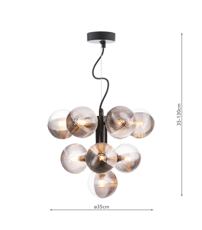 Vine 10 Light Ceiling Pendant Satin Black With Smoked/Clear Ribbed Glass-4
