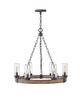 Sawyer 6 Light Multi Arm Pendant Ceiling Light Wood Effect Clear Seeded Glass IP44-1