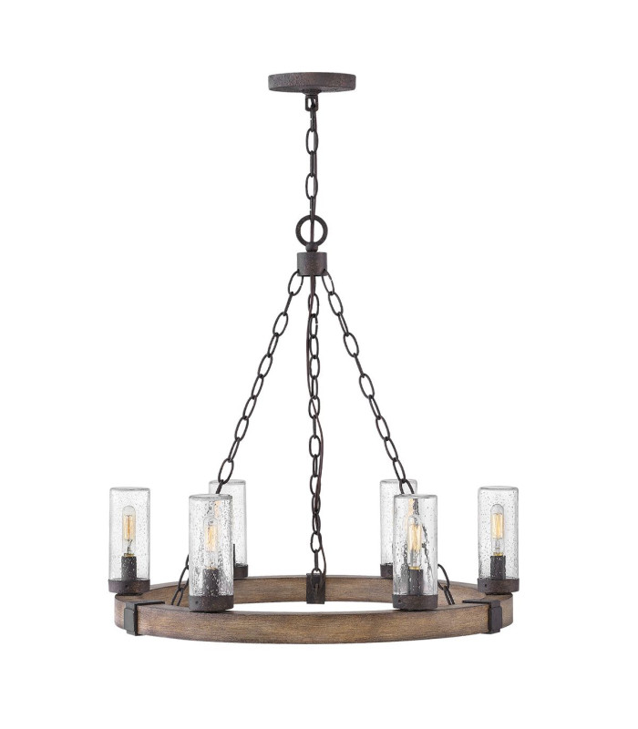 Sawyer 6 Light Multi Arm Pendant Ceiling Light Wood Effect Clear Seeded Glass IP44-1