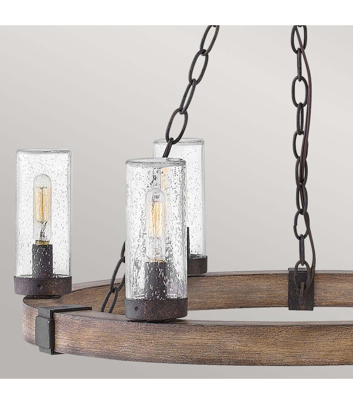 Sawyer 6 Light Multi Arm Pendant Ceiling Light Wood Effect Clear Seeded Glass IP44-3