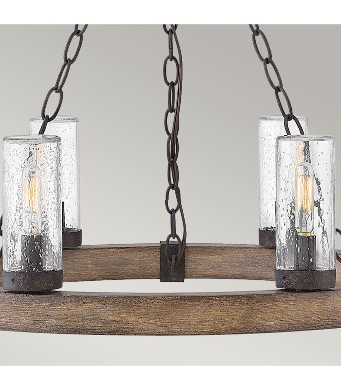 Sawyer 6 Light Multi Arm Pendant Ceiling Light Wood Effect Clear Seeded Glass IP44-5