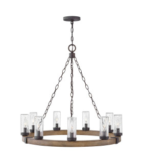 Sawyer 9 Light Multi Arm Pendant Ceiling Light Sequoia Wood Effect Clear Seeded Glass IP44-1