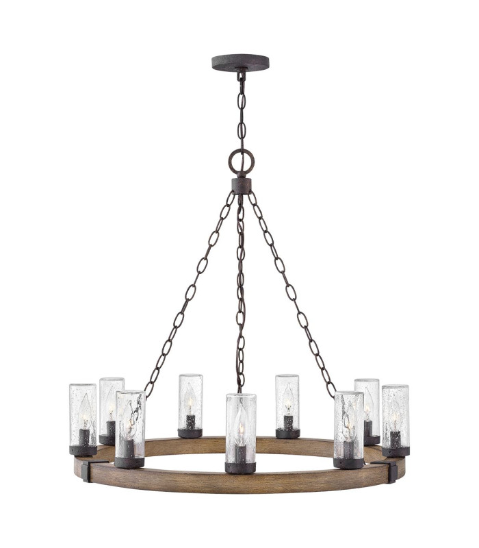 Sawyer 9 Light Multi Arm Pendant Ceiling Light Sequoia Wood Effect Clear Seeded Glass IP44-1