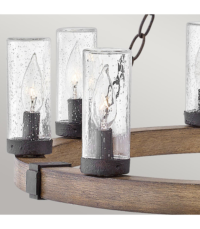 Sawyer 9 Light Multi Arm Pendant Ceiling Light Sequoia Wood Effect Clear Seeded Glass IP44-3