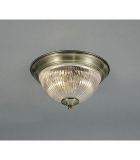 IP44 2 Light E14 Flush Ceiling Light, Antique Brass with Clear Ribbed Glass - 2