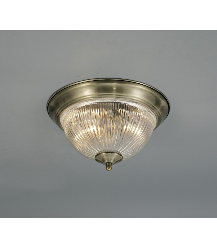 IP44 2 Light E14 Flush Ceiling Light, Antique Brass with Clear Ribbed Glass - 2