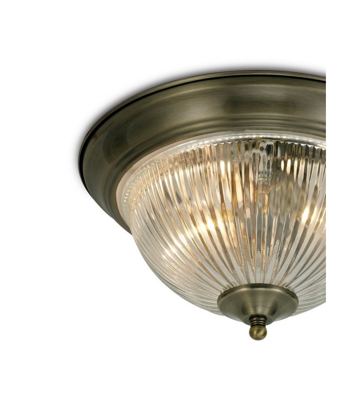 IP44 2 Light E14 Flush Ceiling Light, Antique Brass with Clear Ribbed Glass - 4