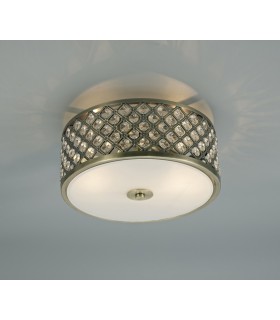 2 Light E14, Flush Ceiling Light, 300mm Round, Antique Brass with Crystal Glass And Opal Glass Diffuser - 2
