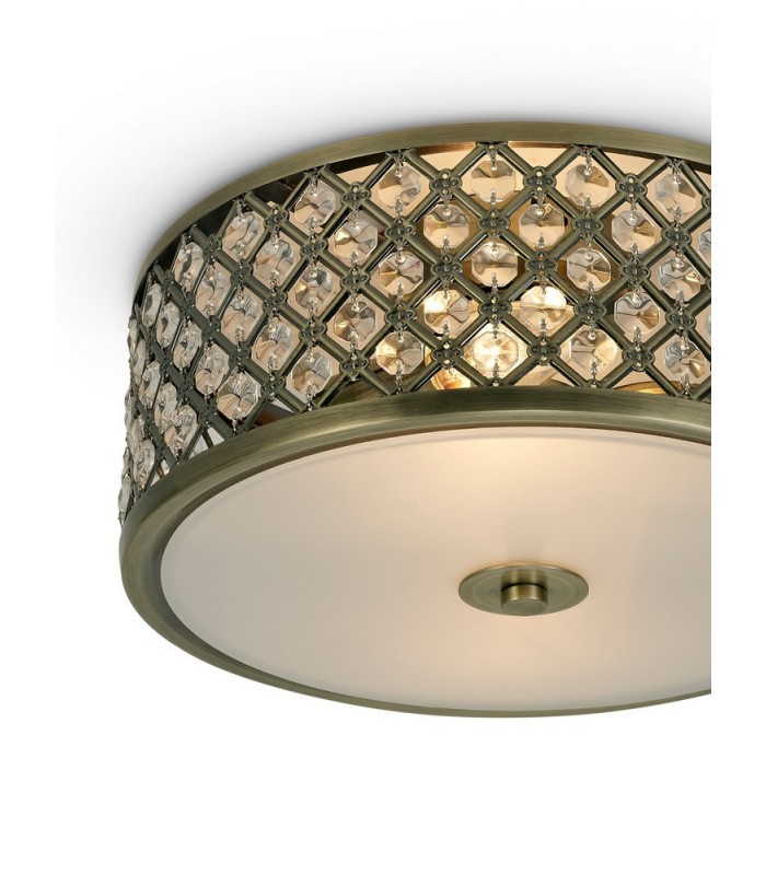 2 Light E14, Flush Ceiling Light, 300mm Round, Antique Brass with Crystal Glass And Opal Glass Diffuser - 4
