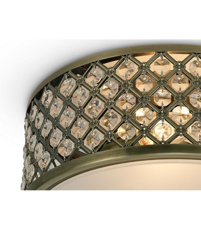 2 Light E14, Flush Ceiling Light, 300mm Round, Antique Brass with Crystal Glass And Opal Glass Diffuser - 5