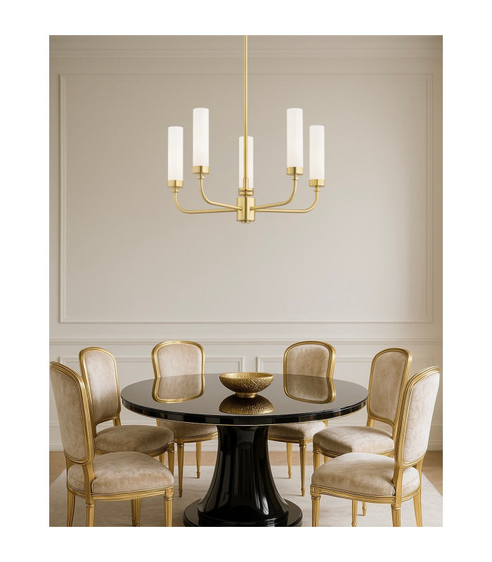 Preston 5 Light Multi Arm Pendant Ceiling Light Brushed Brass Opal Glass Shade E14-2