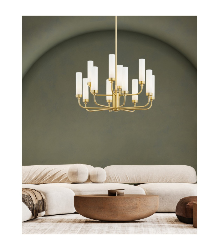 Preston 12 Light Multi Arm Pendant Ceiling Light Brushed Brass Opal Glass Shade E14-2