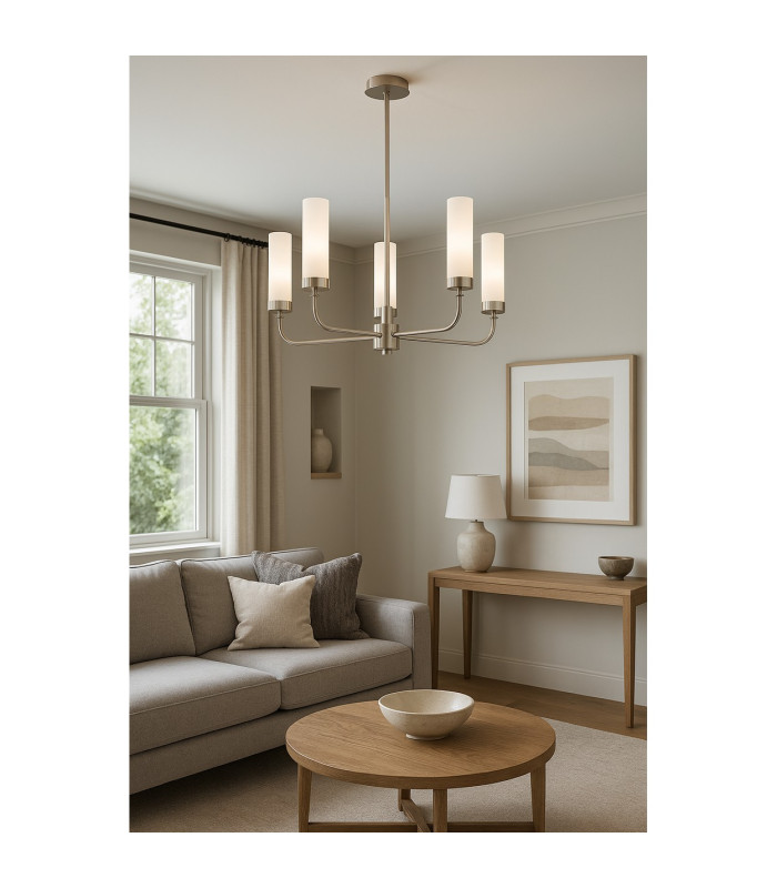 Preston 5 Light Multi Arm Pendant Ceiling Light Brushed Nickel Opal Glass Shade E14-3