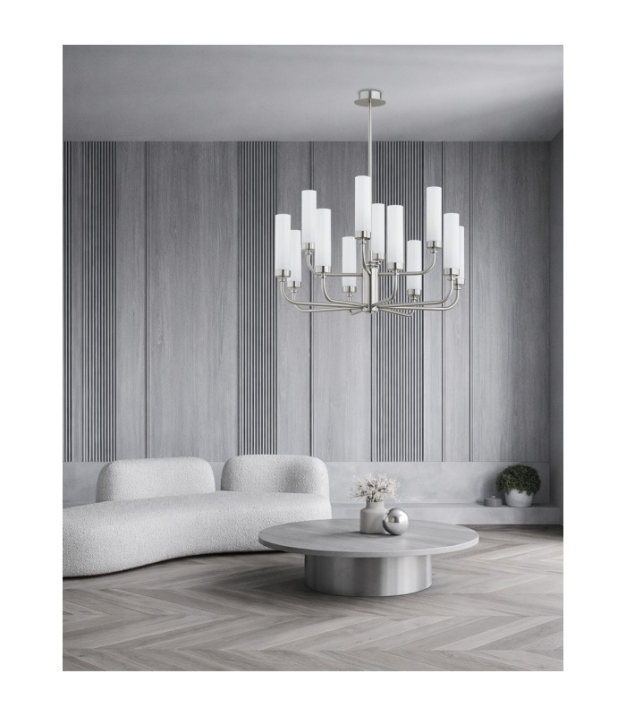 Preston 12 Light Multi Arm Pendant Ceiling Light Brushed Nickel Opal Glass Shade E14-2