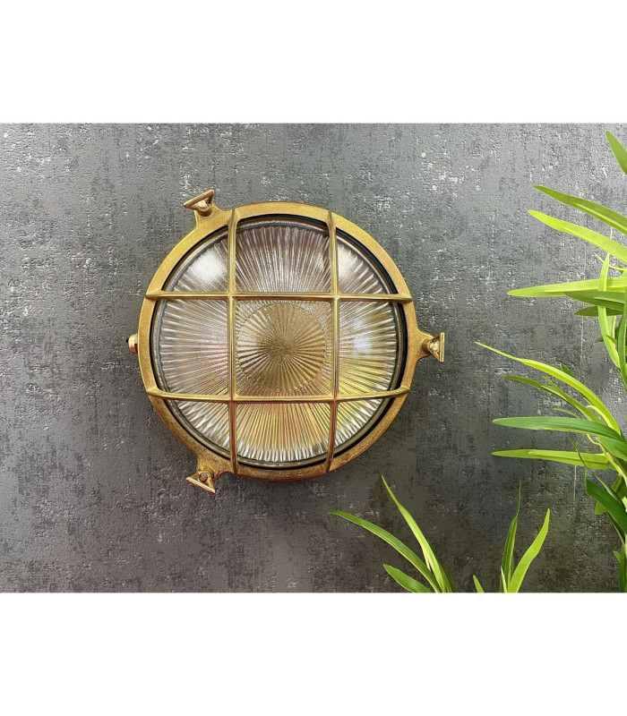 Grand Solid Brass Round 24cm Cabin Bulkhead Raw Brass Finish IP64-3