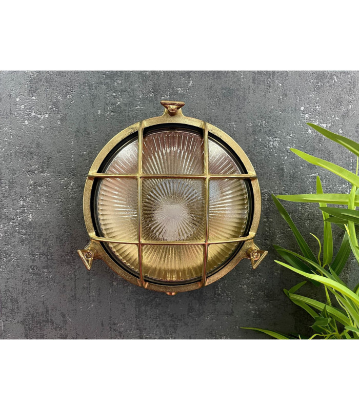 Small Solid Brass Round 21cm Cabin Bulkhead Antique Brass Finish IP64-3