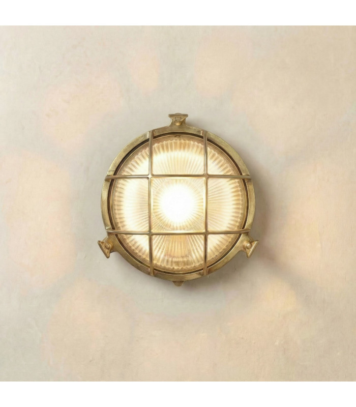 Small Solid Brass Round 21cm Cabin Bulkhead Raw Brass Finish IP64-1