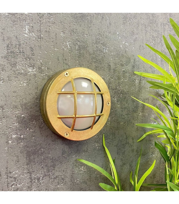 Marina Solid Brass Round 14cm Guard Circular Bulkhead Raw Brass Finish IP64
