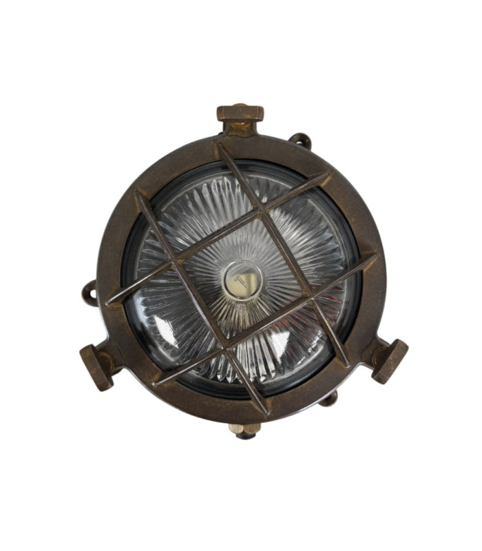 Mini Solid Brass Round 14cm Compass Guard Bulkhead Lamp Antique Brass Finish IP44