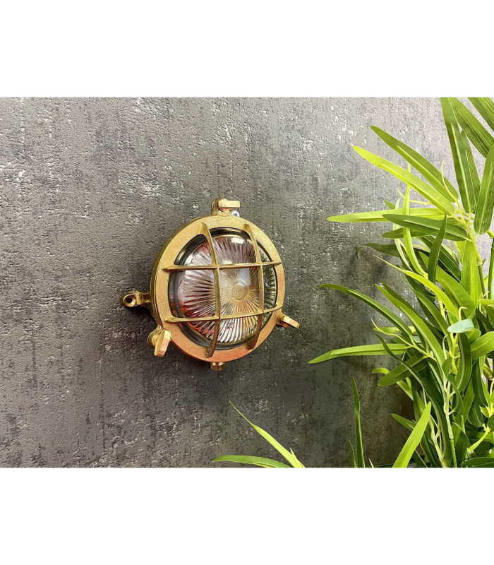 Mini Solid Brass Round 14cm Compass Guard Bulkhead Lamp Satin Nickel Finish IP44