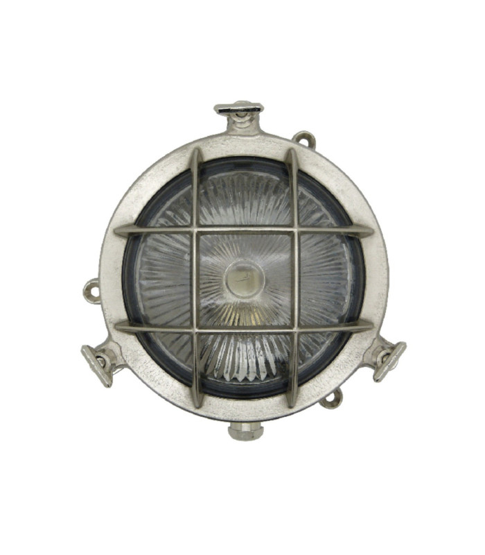 Mini Solid Brass Round 14cm Compass Guard Bulkhead Lamp Satin Nickel Finish IP44