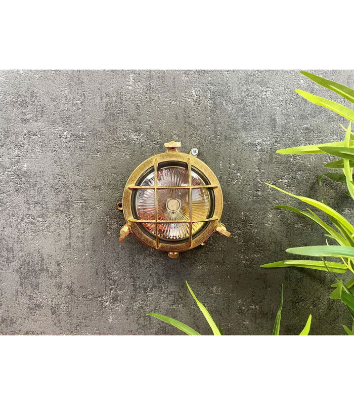 Mini Solid Brass Round 14cm Compass Guard Bulkhead Lamp Raw Brass Finish IP44