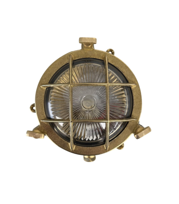 Mini Solid Brass Round 14cm Compass Guard Bulkhead Lamp Raw Brass Finish IP44