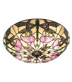 2 Light Large Ceiling Flush Light Dark Bronze, Tiffany Glass, E27 - 1