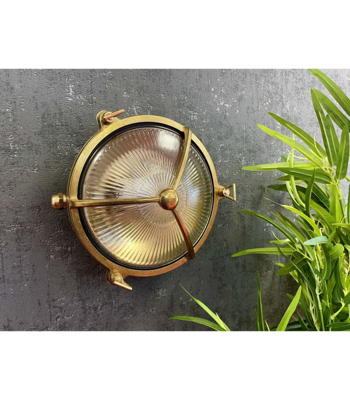 Trident Solid Brass Porthole Circular Bulkhead Lamp Raw Brass Finish IP64