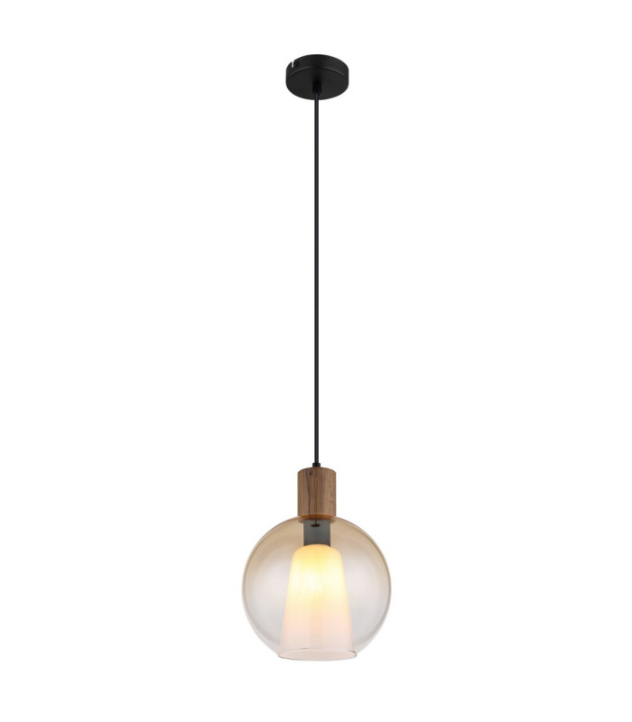 Barry I Globe Pendant Ceiling Light Matt Black Amber Glass Shade E27-1