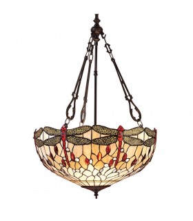 3 Light Large Inverted Ceiling Pendant Bronze, Red, Dragonfly Tiffany Glass, E27 - 1