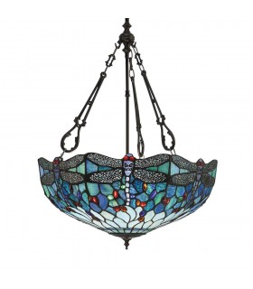 3 Light Large Inverted Ceiling Pendant Bronze, Dragonfly Tiffany Glass, E27 - 1
