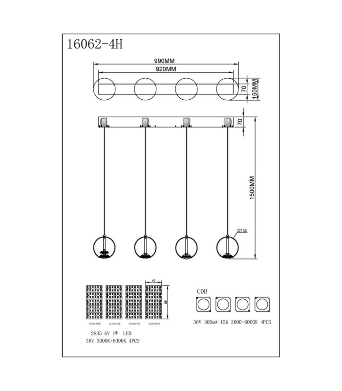 Simmons Bar Pendant Ceiling Light Matt Grey 4x LED 3000/4000/6000K-8