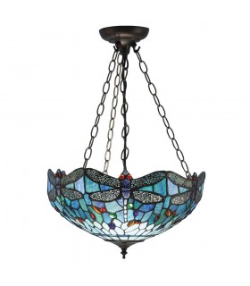 3 Light Medium Inverted Ceiling Pendant Bronze, Blue, Dragonfly Tiffany Glass, E27 - 1