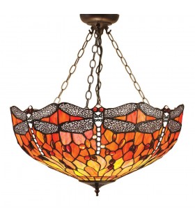 3 Light Medium Inverted Ceiling Pendant Bronze, Dragonfly Tiffany Glass, E27 - 1