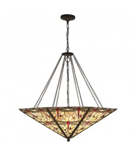 8 Light Inverted Ceiling Pendant Bronze, Beige, Dragonfly Tiffany Glass, E27 - 1