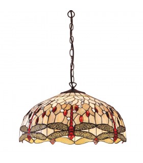 3 Light Large Ceiling Pendant Bronze, Beige, Dragonfly Tiffany Glass, E27 - 1
