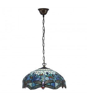 3 Light Medium Ceiling Pendant Bronze, Blue, Dragonfly Tiffany Glass, E27 - 1