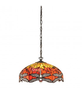 3 Light Medium Ceiling Pendant Bronze, Red, Dragonfly Tiffany Glass, E27 - 1