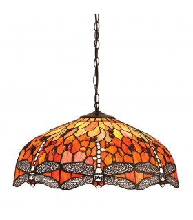 3 Light Large Ceiling Pendant Bronze, Red, Dragonfly Tiffany Glass, E27 - 1