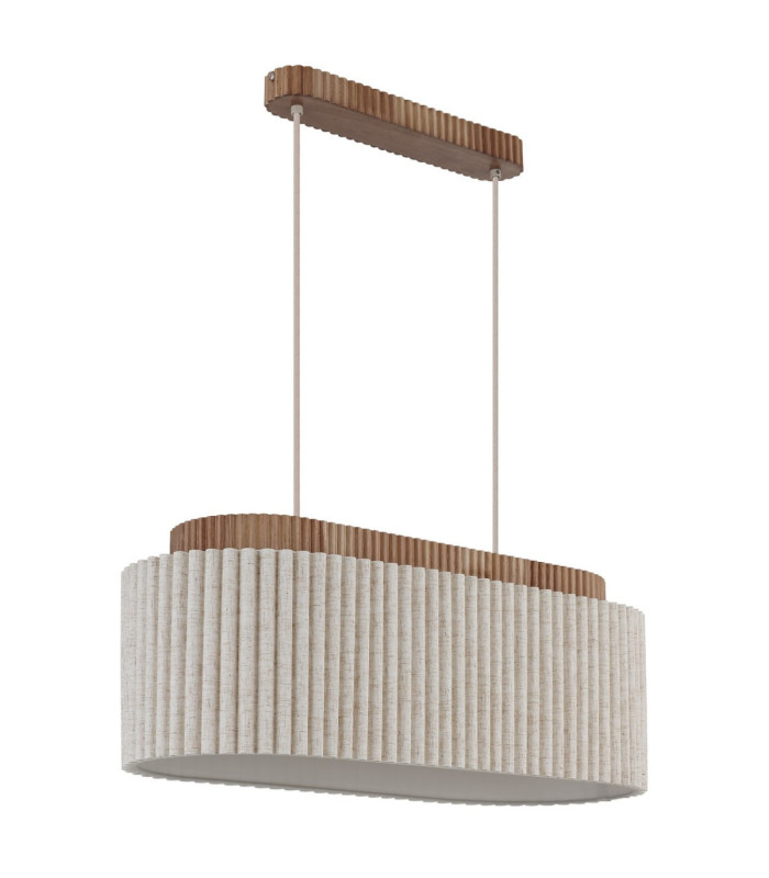 Jannie Bar Pendant Ceiling Light Wood Brown Linen Shade 3x E27-3