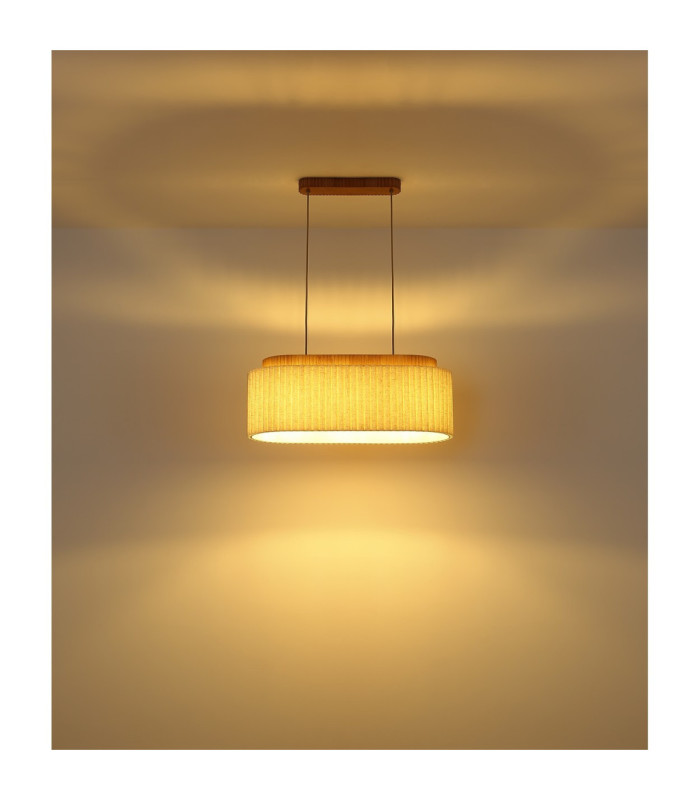 Jannie Bar Pendant Ceiling Light Wood Brown Linen Shade 3x E27-6