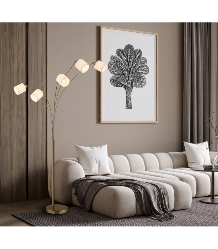 Truett Multi Arm Floor Lamp Matt Brass Linen White Shade 5x E27-2