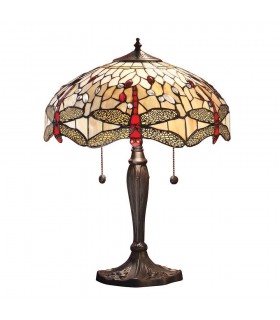 2 Light Medium Table Lamp Dark Bronze, Beige, Tiffany Style Glass, E27 - 1