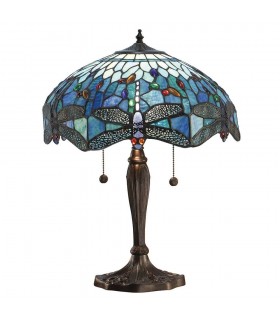 2 Light Medium Table Lamp Dark Bronze, Blue, Tiffany Style Glass, E27 - 1