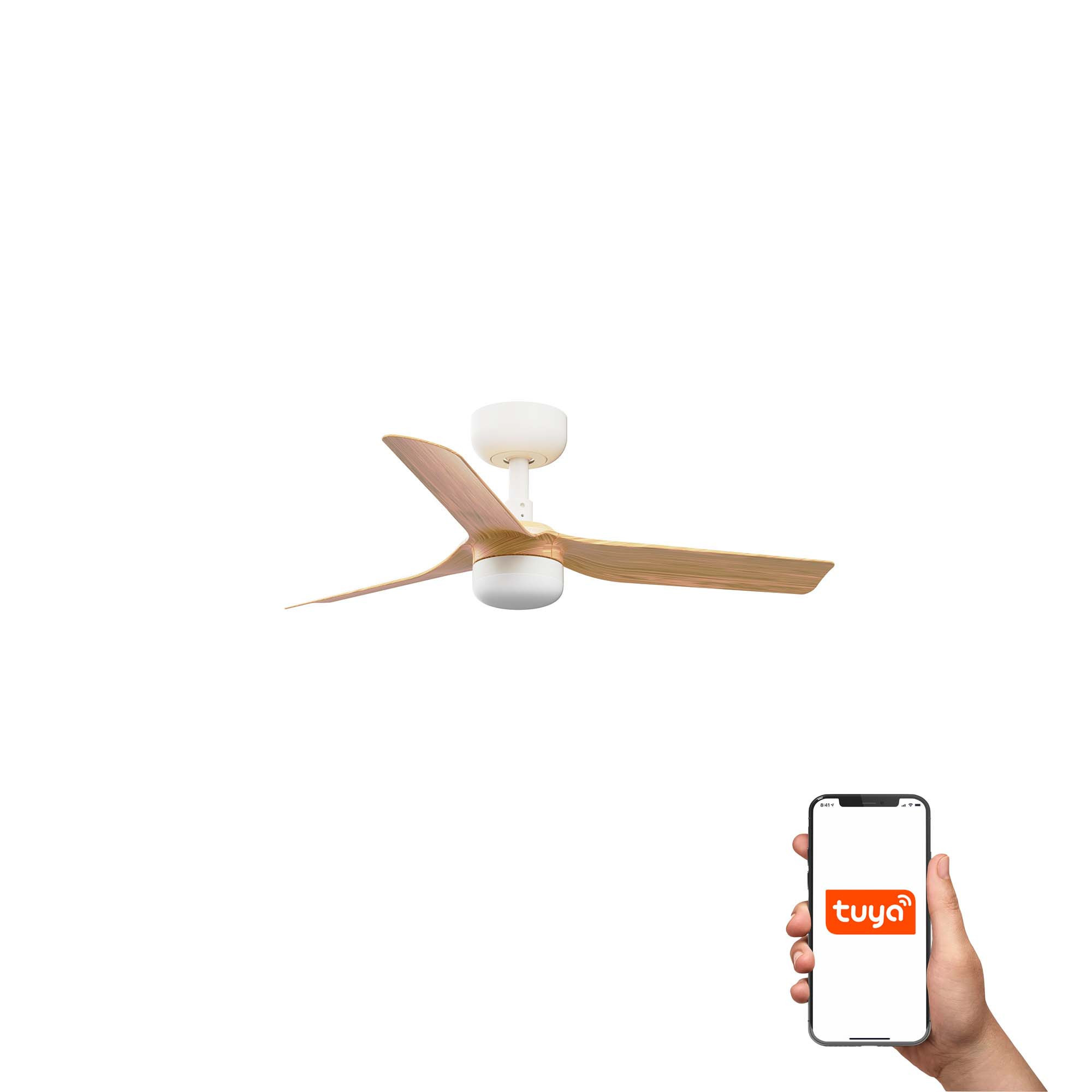 Mini Punt 90cm Smart LED Ceiling Fan White, Light Wood Blades