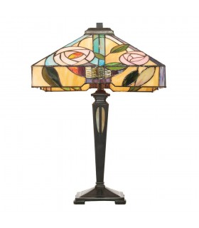 2 Light Medium Table Lamp Dark Bronze, Tiffany Style Glass, E27 - 1