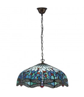 3 Light Large Ceiling Pendant Bronze, Blue, Dragonfly Tiffany Glass, E27 - 1