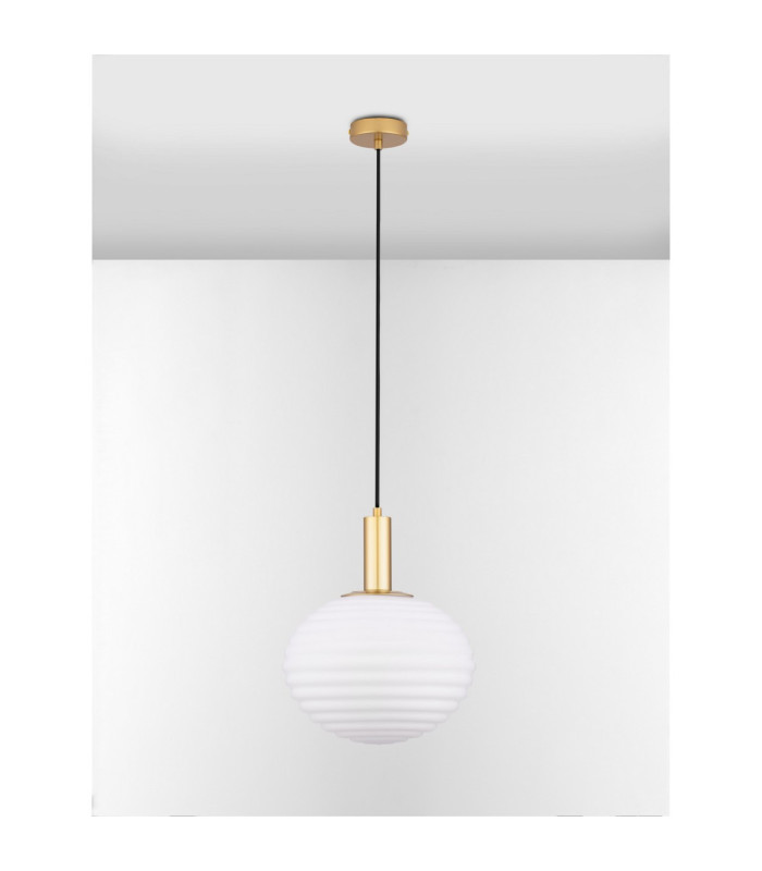 Allen Globe Pendant Ceiling Light Milky White Structured Matt Gold E27 1x12W-3